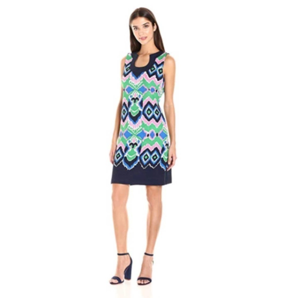 Gabby Sky Blue Pink Green Colorful Psychedelic Printed Sleeveless Shift Dress